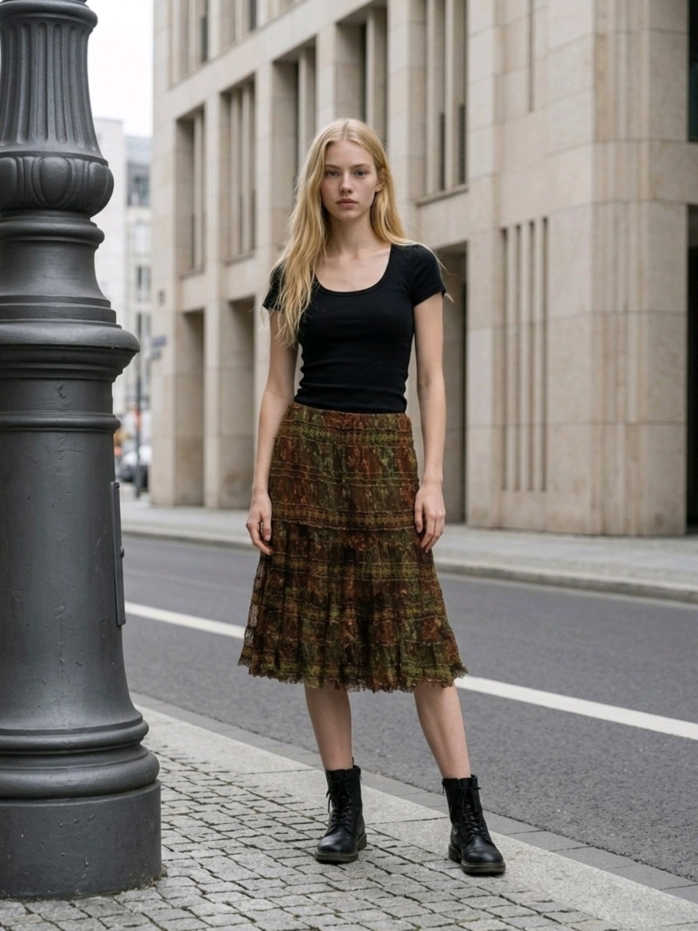 Villarreal Boho Tiered Skirt Eye-Catching Brown/Green Ombre Pattern, Lined XS